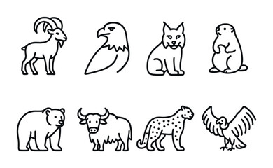 Wildlife animal outline icons set – linear style forest and nature symbols for ecology: goat, eagle, lynx, marmot, bear, bison, leopard, vulture.
