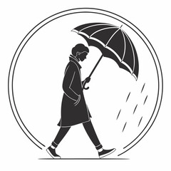 Silhouette Illustration Of A Person Walking With An Umbrella In The Rain