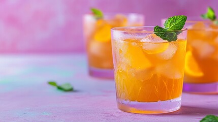 Fototapeta premium Elegant peach mocktails with mint on pastel background, soft purple aesthetic generative ai
