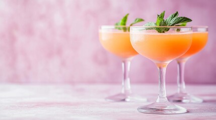 Elegant peach mocktails with mint on pastel background, soft purple aesthetic generative ai