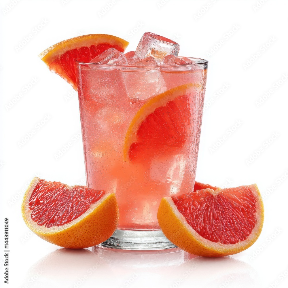 Poster refreshing grapefruit cocktail with ice cubes and grapefruit slices on a white background. glass of 