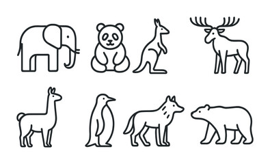 Wildlife animals outline icon set – linear style nature, fauna, and conservation symbols for eco projects: elephant, panda, kangaroo, deer, llama, penguin, wolf, bear.