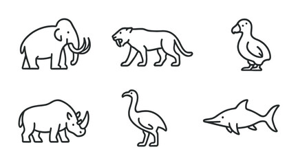 Extinct animal icons collection featuring mammoth, saber-toothed tiger, and dodo for educational design