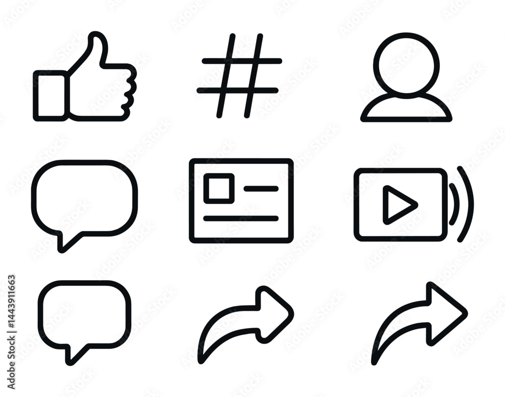 Poster social media communication icons set – outline style for networking and digital interaction: thumbs 