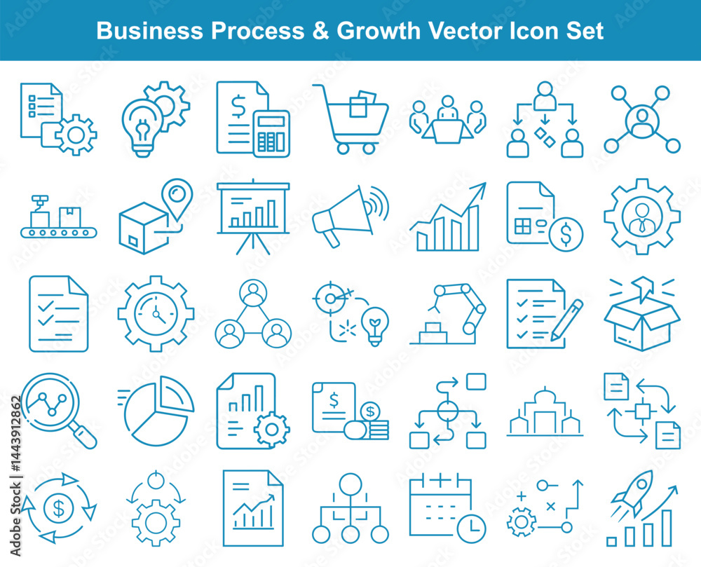 Poster blue line icons depict various elements related to business processes and growth in format