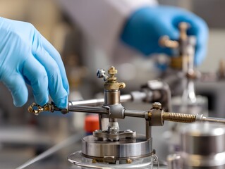 Advanced Professional Gloved Hands Adjusting Retort Setup Demonstrating Laboratory Safety and Precision in Chemical Experiments