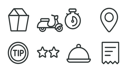 Food delivery and service icon set - linear style symbols for restaurant management, ordering, and customer experience: takeaway box, scooter, stopwatch, location pin, tip icon, rating stars, cloche,