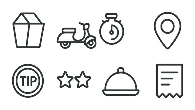 Food delivery and service icon set - linear style symbols for restaurant management, ordering, and customer experience: takeaway box, scooter, stopwatch, location pin, tip icon, rating stars, cloche,