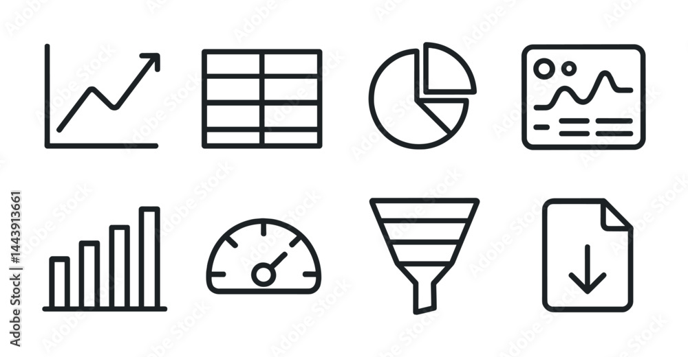 Poster data analysis linear icons set – outline style for statistics, business intelligence, and performanc