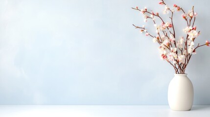 A white ceramic vase with delicate pink cherry blossom branches, minimalist composition on a light blue background, and elegant and serene home decor.