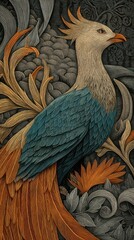 Fototapeta premium Detailed ornate carving of a stylized pheasant.