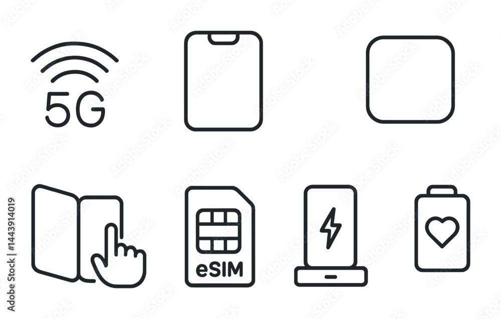 Poster tech and connectivity line icons – outline style digital communication and device symbols: 5g, smart