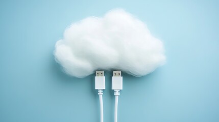 Cloud computing data storage concept with usb cables white fluffy cloud on blue background clean