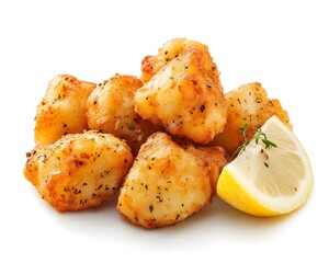 Zesty Lemon Pepper Fish Bites Crisped To Golden Perfection Presented On White Background Gourmet Plating