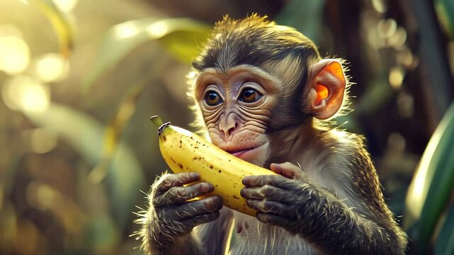 A young monkey is holding a banana in a natural environment surrounded by leaves. The sunlight shines through the foliage, casting light on the monkey's ears.