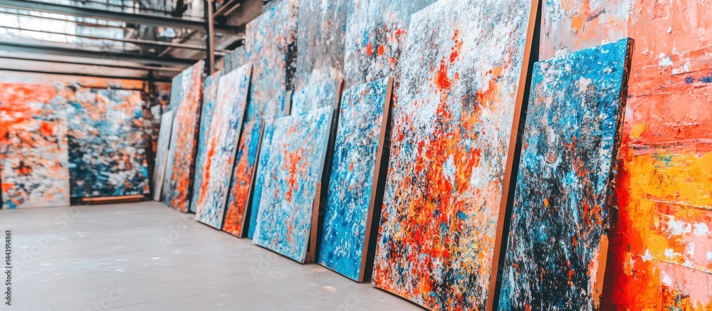 Aufkleber gallery view featuring vibrant abstract canvases in dynamic artistic studio setting