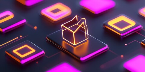 Neon Carton Rests on Digital Platform Among Squares