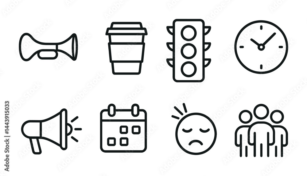 Poster daily activity outline icon set – linear style for productivity and time management: coffee cup, tra