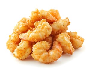 Crunchy Garlic Butter Shrimp Popcorn Isolated on White Background Featuring Savory Seafood Flavor Infused Snack