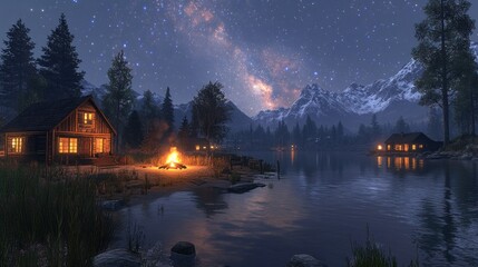 Fototapeta premium Serene mountain cabin by a lake at night