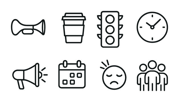 Daily activity outline icon set – linear style for productivity and time management: coffee cup, traffic light, clock, megaphone, calendar, frown face, group