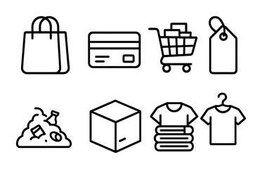 Shopping and retail outline icons set – linear style e-commerce, purchasing, and discount symbols for digital marketing: shopping bag, credit card, cart, price tag, sale, package, clothes, hanger.
