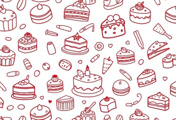 Cute doodle line art seamless pattern of baking cakes, perfect for bakery packaging, eco-friendly designs, websites, and celebrations, holiday, eco