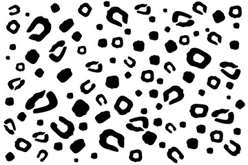 Abstract black and white leopard print pattern with varying shapes and sizes on a white background
