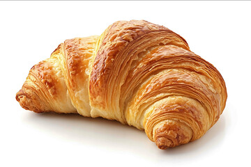 A freshly baked croissant isolated on white background showcasing its goldenbrown flaky crust with buttery layers and a soft airy texture The pastry has a slightly glossy finish ind