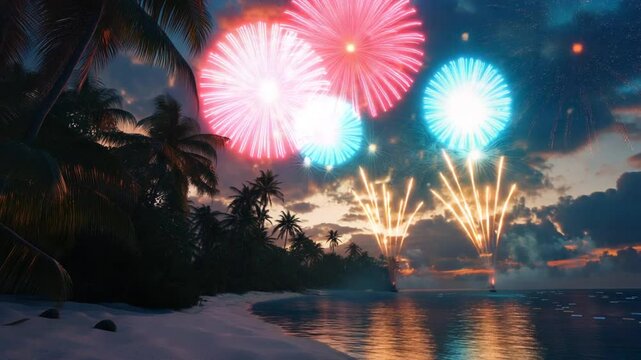 Spectacular fireworks display over tropical beach at night in idyllic paradise