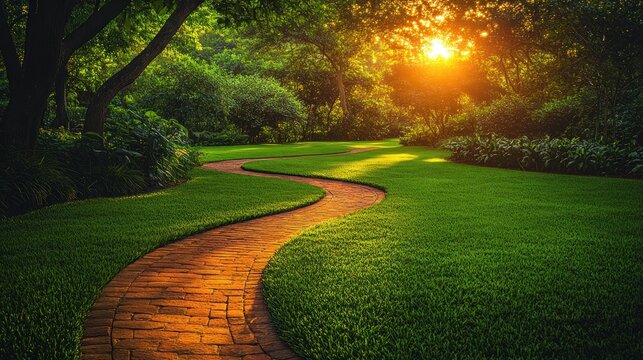 Serene sunlit garden path