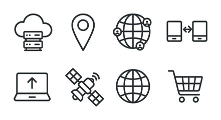 Cloud computing and networking line icons – outline style for digital connectivity: server, location pin, global network, data transfer, upload, satellite, globe, shopping cart