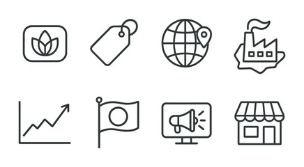 Business and marketing outline icon set &ndash; line style economy symbols for corporate strategy: growth chart, tag, globe, factory, flag, screen, store.
