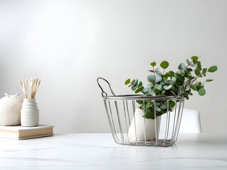 Enhance Home Organization with an Empty Metal Basket on a Clean White Tabletop Display Setting