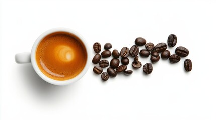 Espresso cup with crema, coffee beans forming a path to the cup, isolated on white generative ai