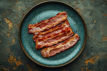 Crispy Bacon Slices on Blue Plate