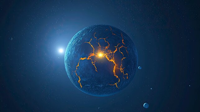 A blue planet with orange cracks, a space background with planets and stars, a dark blue atmosphere, a blue sky, a white light in the center of an exploding Earth, a dark planet, a galaxy background, 