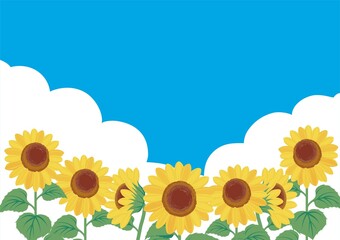 夏　ひまわり　空　風景　向日葵　ヒマワリ　フレーム　テンプレート　デザイン　背景　壁紙　イラスト素材