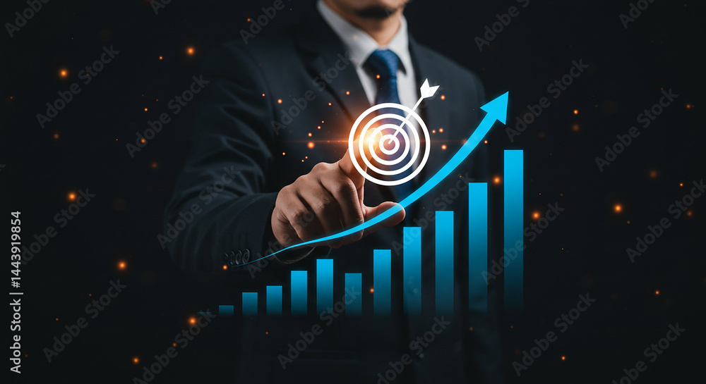 Poster a businessman pointing at a target with an upward trending bar graph in a dark glowing background