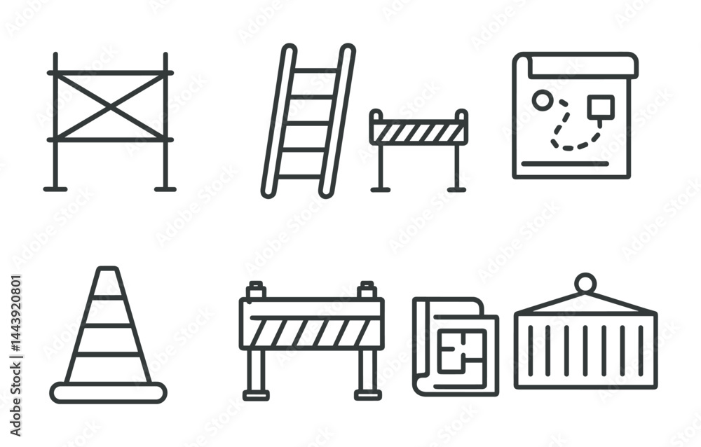 Poster construction and engineering outline icons set – linear style architecture, industrial, and building