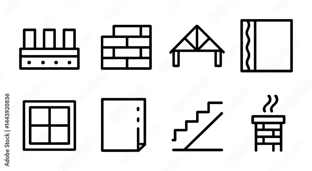 Aufkleber building construction outline icon set – linear style architecture, engineering, and design symbols:
