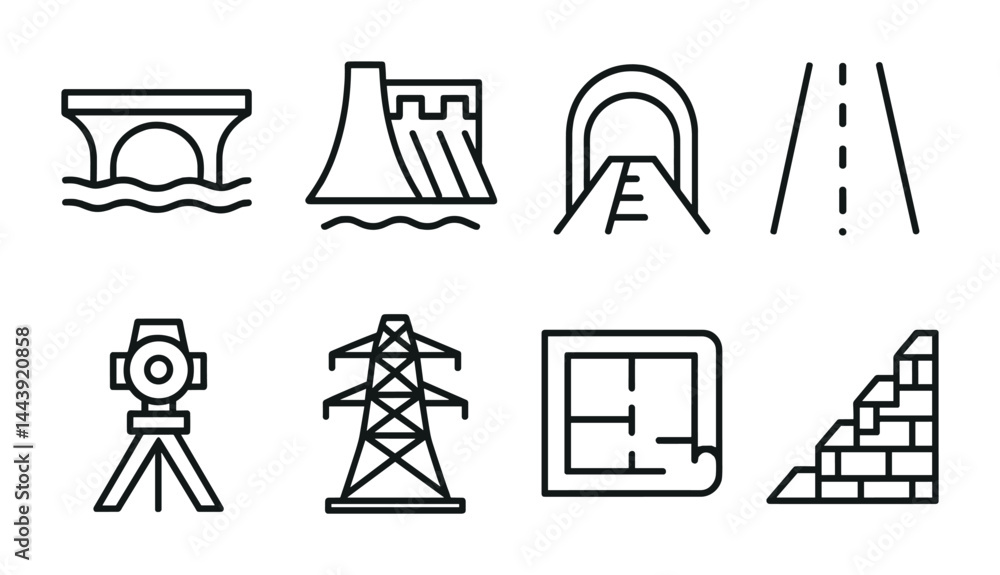 Poster infrastructure and construction line icons set – outline style development, architecture, and engine