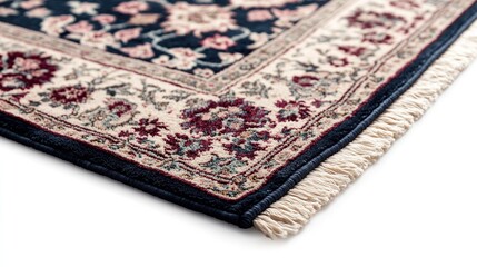 Dark blue rug detail, floral pattern, cream border, fringe.