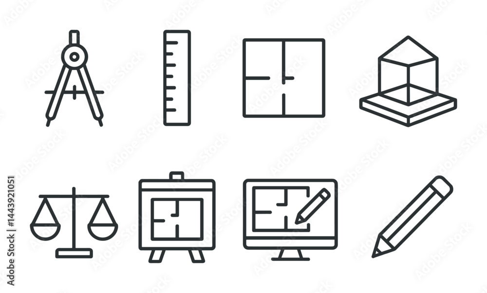 Poster architecture and design icons set – line style blueprints, drafting, and tools for creative projects