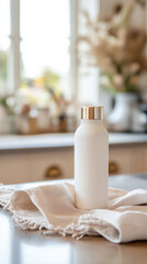 Elegant minimalist bottle on textured fabric in bright kitchen setting