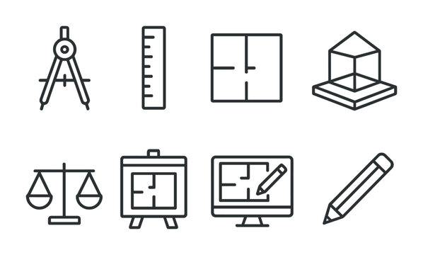 Architecture and design icons set – line style blueprints, drafting, and tools for creative projects: compass, ruler, floor plan, cube, scale, board, monitor, pencil.