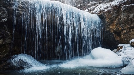 Frozen waterfall cascading over rocks