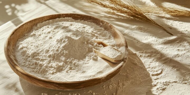 Wooden bowl of flour with sunlit.