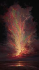 Colorful, dramatic sky over a tranquil coastal scene.