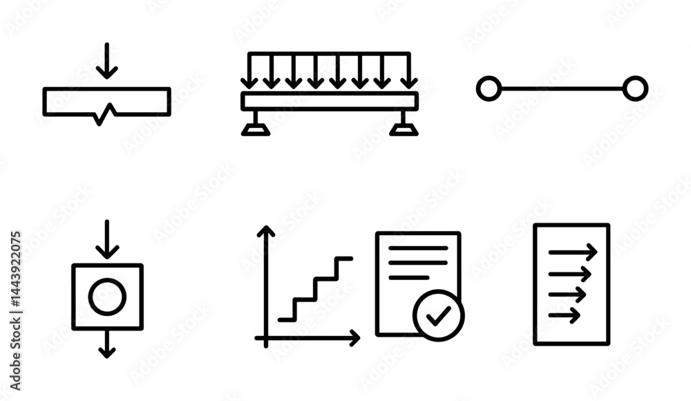 Poster engineering and physics outline icons set – linear style mechanical, structural, and analysis symbol
